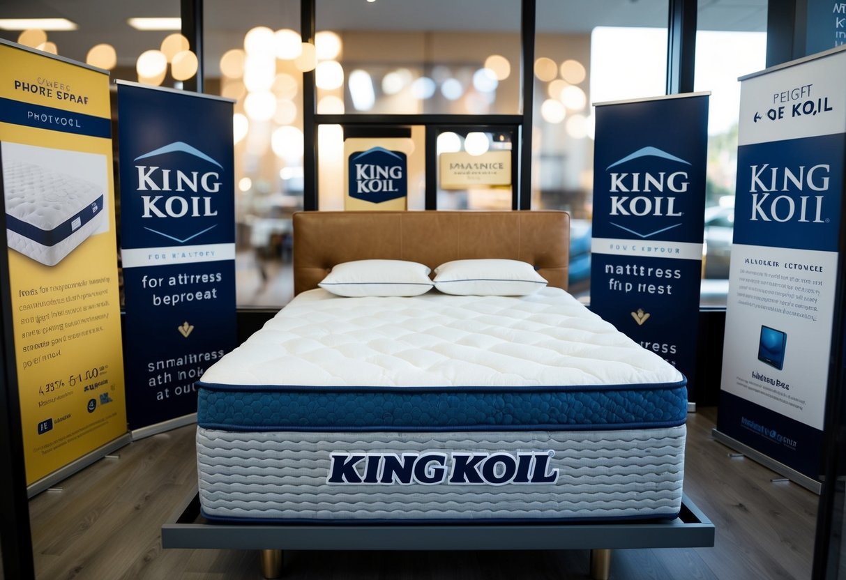 A mattress with a prominent King Koil logo displayed in a store window, surrounded by promotional signs and banners