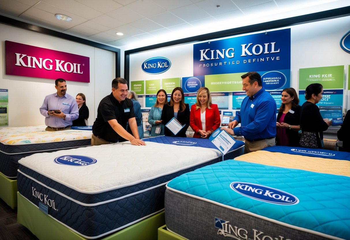 A colorful display of King Koil mattresses with promotional signs and logos, surrounded by curious customers and a salesperson assisting