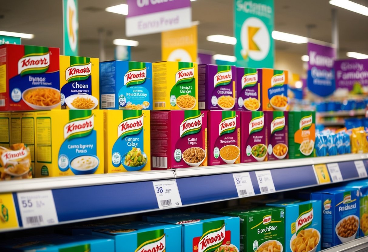 A colorful display of Knorr products arranged on a grocery store shelf, surrounded by promotional signage and banners