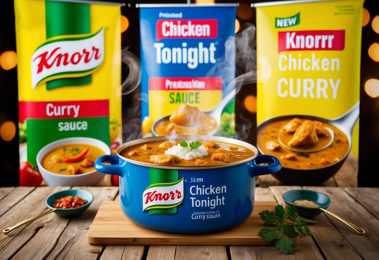A steaming pot of Knorr Chicken Tonight Curry Sauce surrounded by vibrant promotional banners