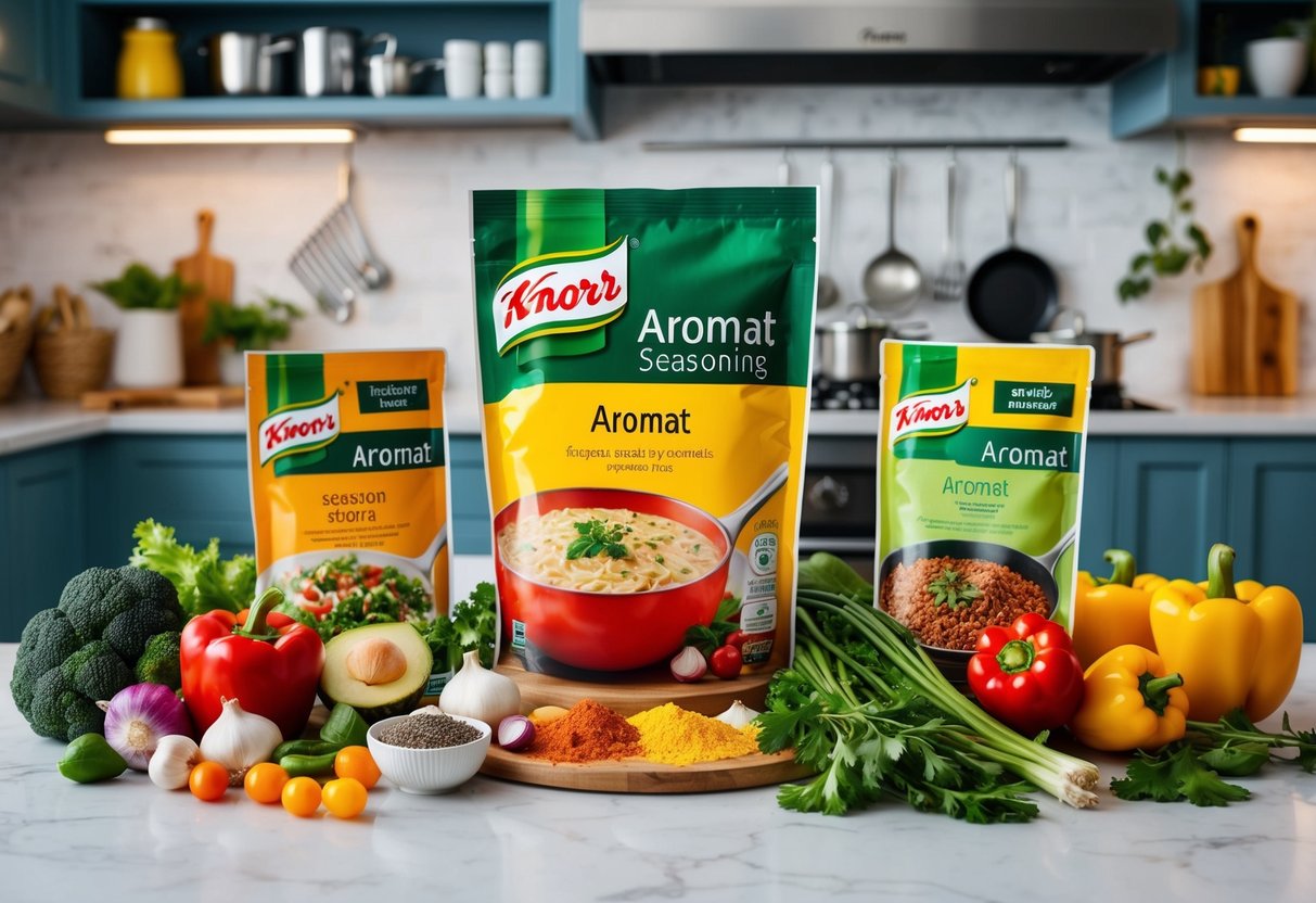 A vibrant kitchen scene with a variety of fresh ingredients and a prominent display of Knorr Aromat Seasoning, surrounded by promotional signage and packaging
