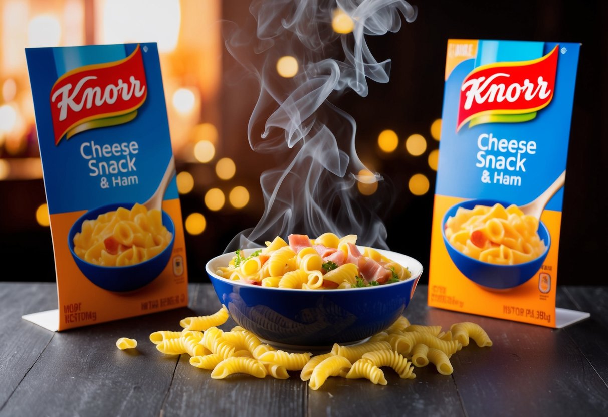 A steaming bowl of Knorr Pasta Snack Cheese & Ham surrounded by promotional signage