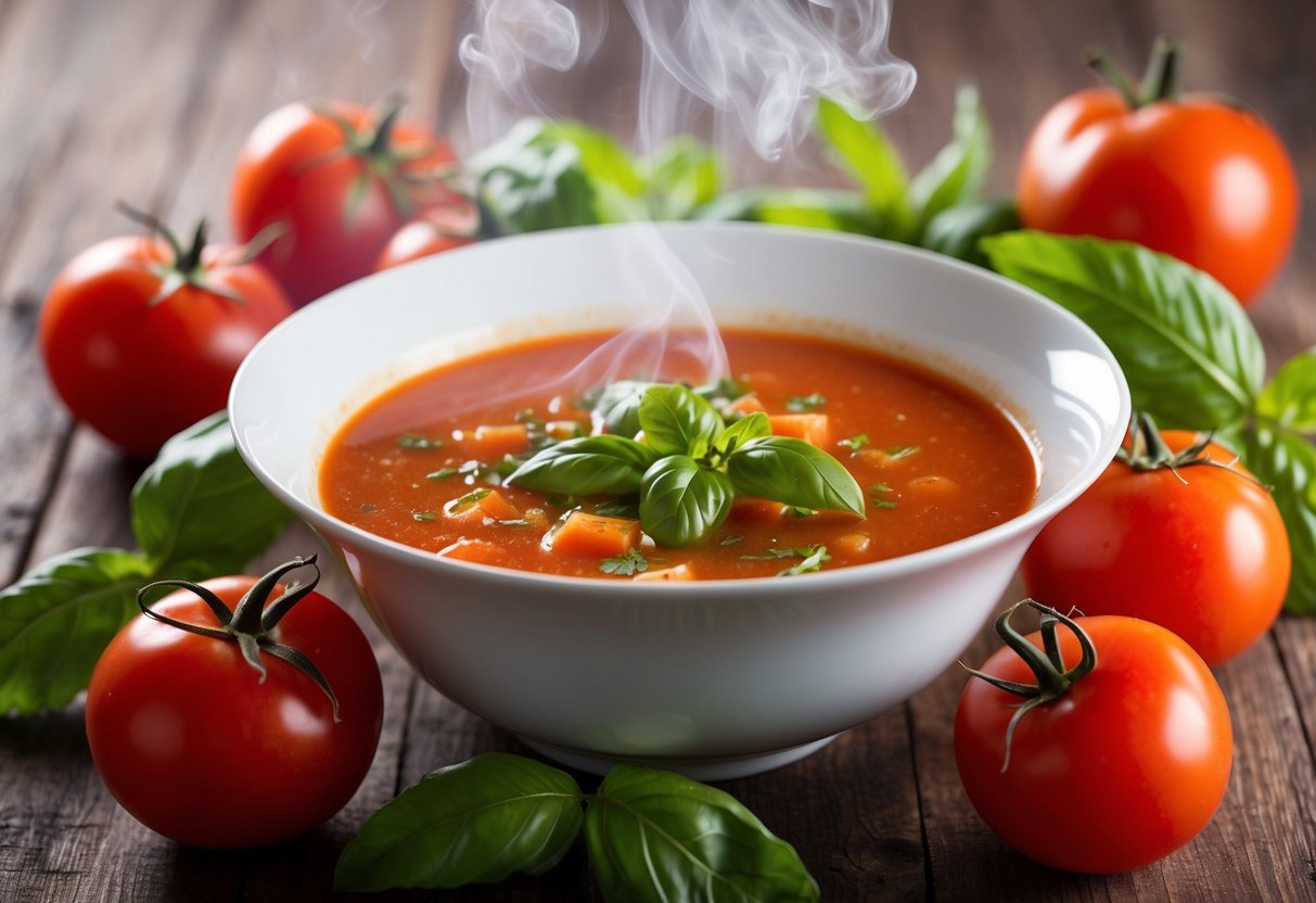A steaming bowl of Knorr Tomato & Basil Soup surrounded by fresh basil leaves and ripe tomatoes