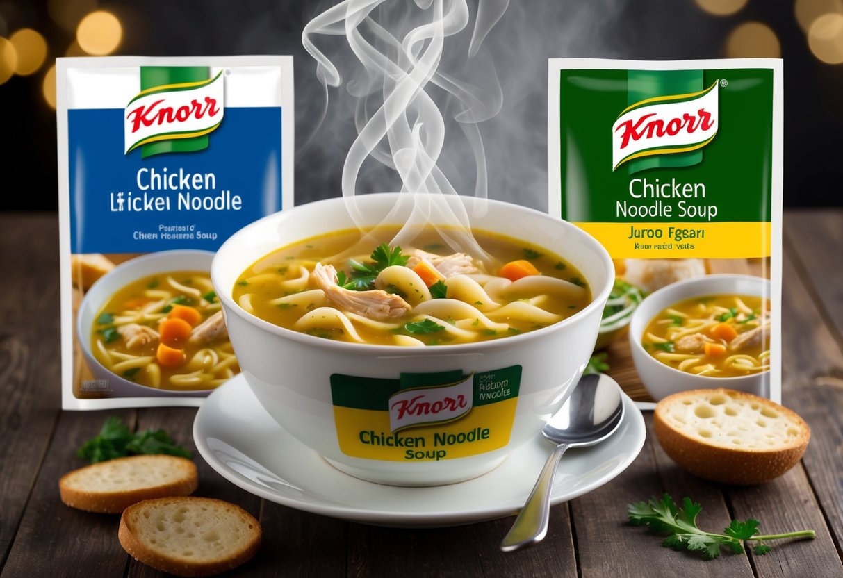 A steaming bowl of Knorr Chicken Noodle Soup surrounded by promotional signage