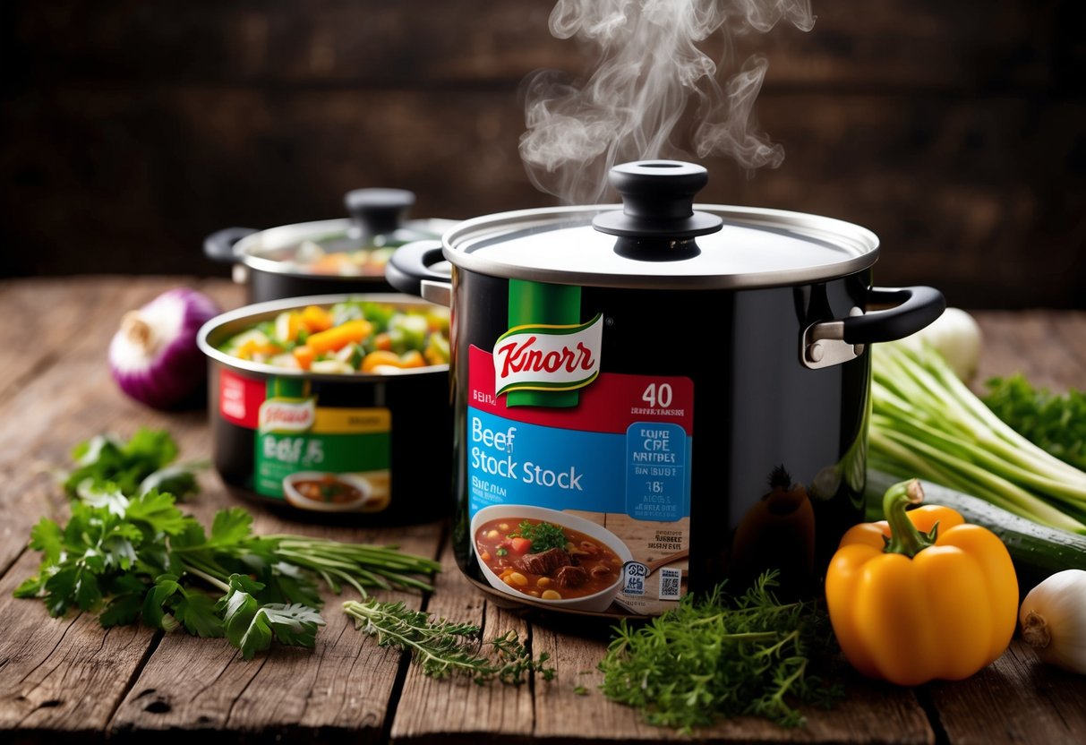 A steaming pot of Knorr Beef Stock Pots surrounded by fresh herbs and vegetables on a rustic wooden table