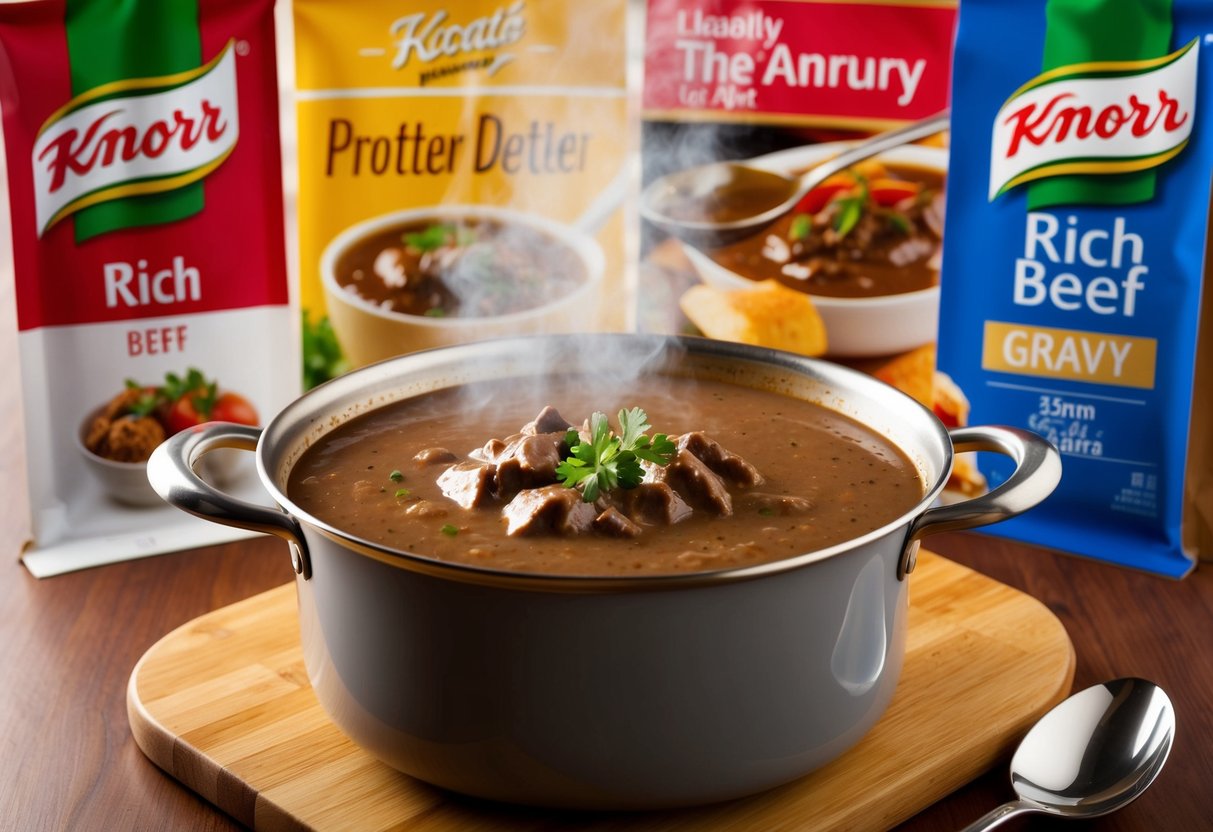A steaming pot of Knorr Rich Beef Gravy surrounded by promotional banners and signs