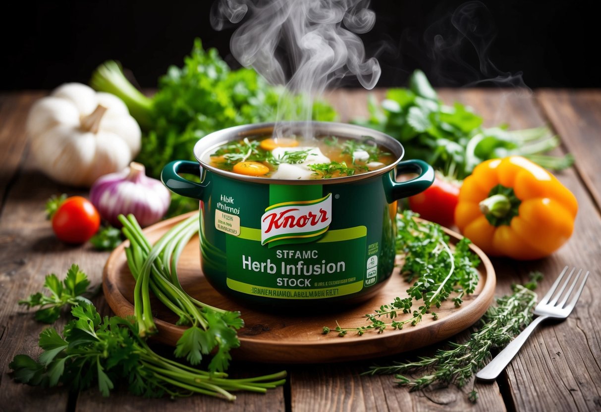 A steaming pot of Knorr Herb Infusion Stock surrounded by fresh herbs and vegetables on a rustic wooden table