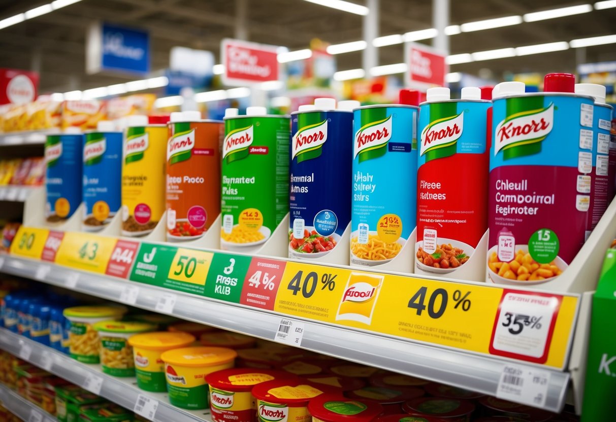 A colorful display of Knorr products arranged on a supermarket shelf, with promotional signs and stickers highlighting special offers