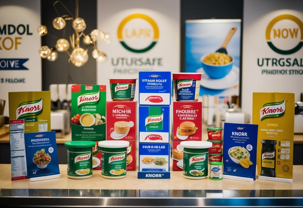 A kitchen counter with various Knorr products on display, surrounded by promotional signs and banners