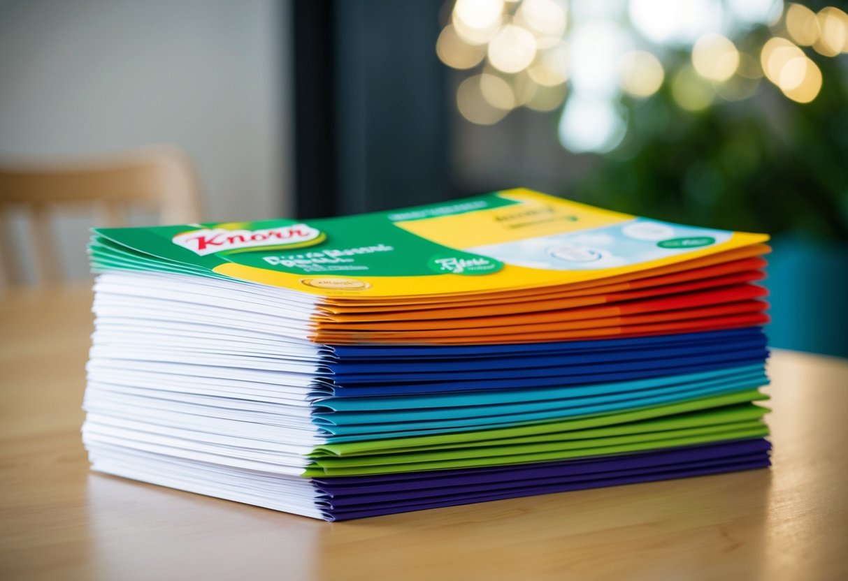 A stack of colorful promotional flyers for Knorr products, arranged neatly on a table