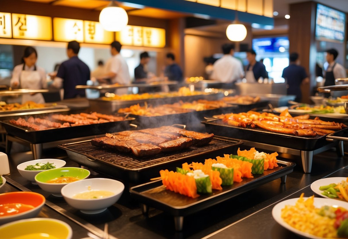 A bustling Korean BBQ buffet with sizzling grills, colorful banchan, and a vibrant atmosphere