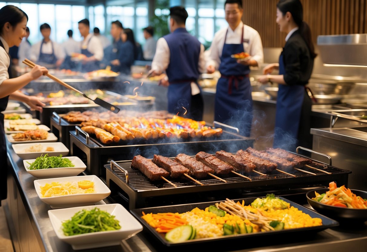 A bustling Korean BBQ buffet with sizzling grills, colorful banchan dishes, and a lively atmosphere at Seoul Garden's All-You-Can-Eat Extravaganza