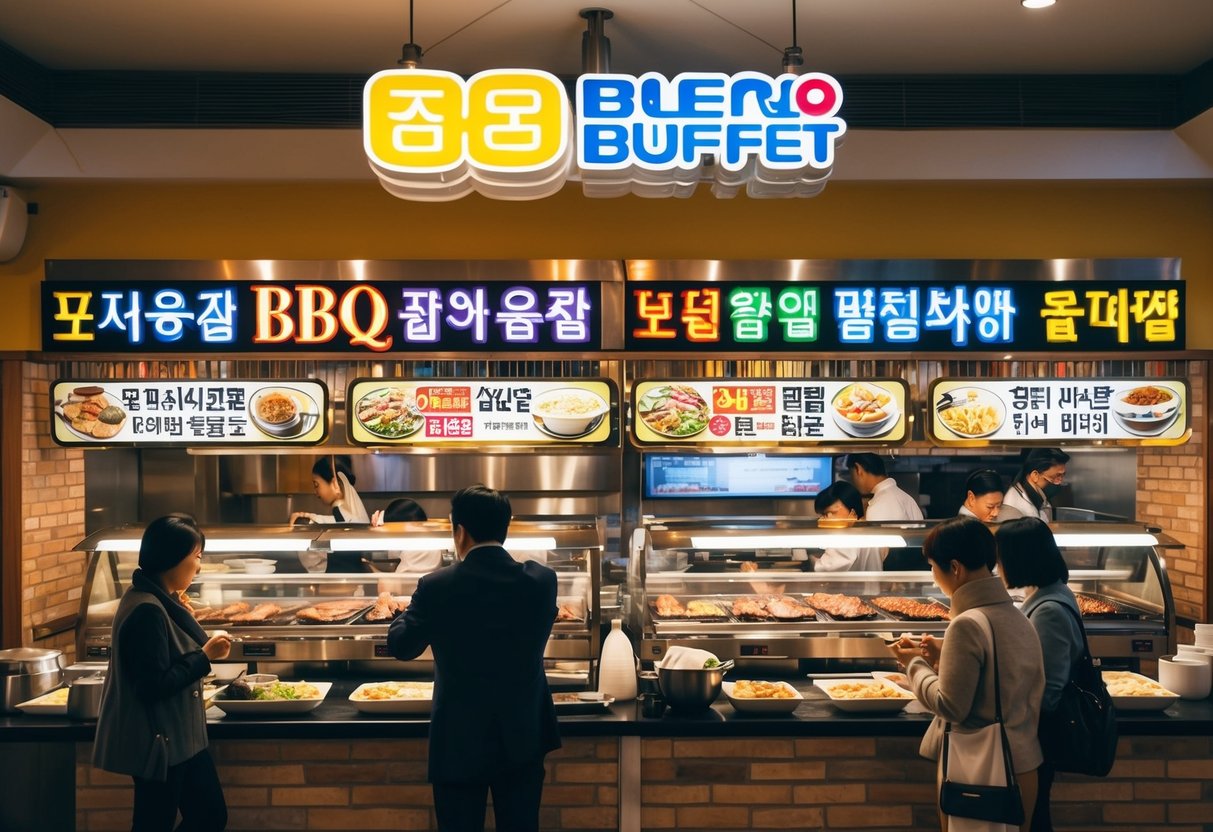 A bustling Korean BBQ buffet restaurant with colorful signage and customers enjoying the Express Lunch Deals