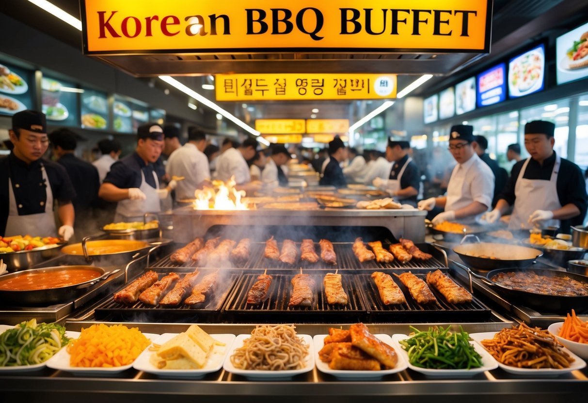 A bustling Korean BBQ buffet with sizzling grills, colorful side dishes, and enticing promotional signs