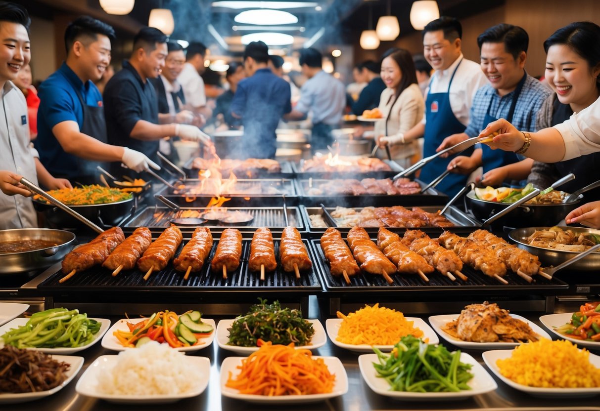 A bustling Korean BBQ buffet with sizzling grills, colorful side dishes, and a vibrant atmosphere filled with happy diners enjoying the unlimited food options