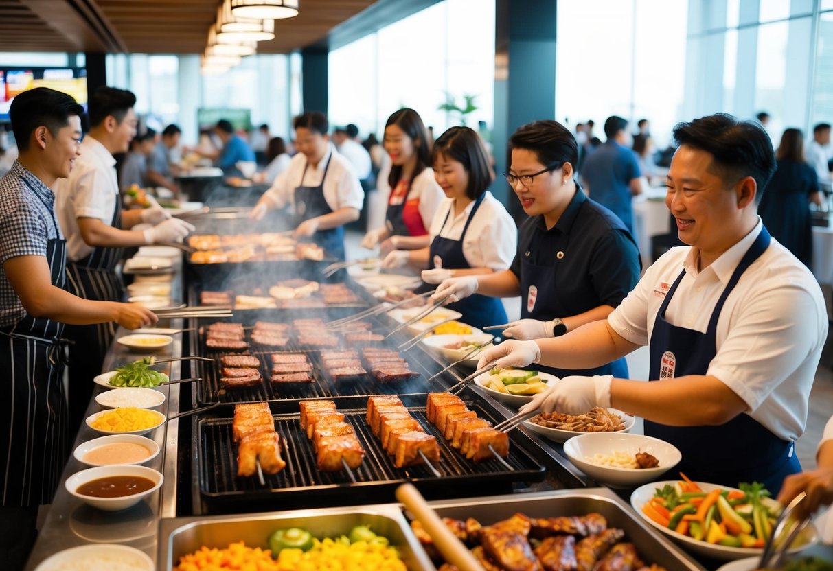 A bustling Korean BBQ buffet with sizzling grills, colorful side dishes, and patrons enjoying the latest promotions