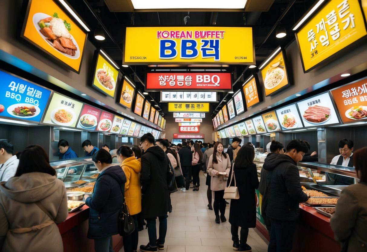 A bustling Korean BBQ buffet restaurant with colorful promotional signs and a line of customers waiting to be seated