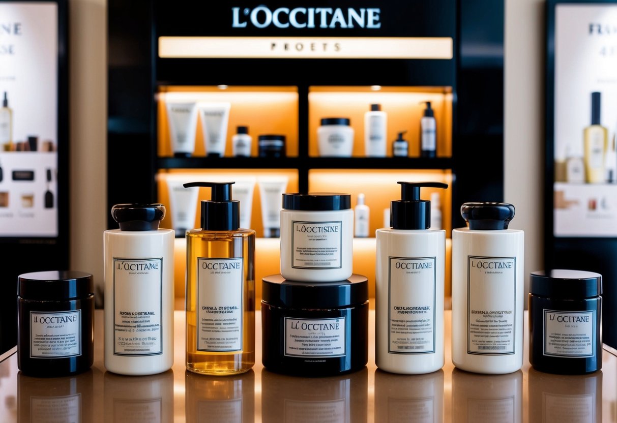 A display of L'Occitane products with promotional signs and banners