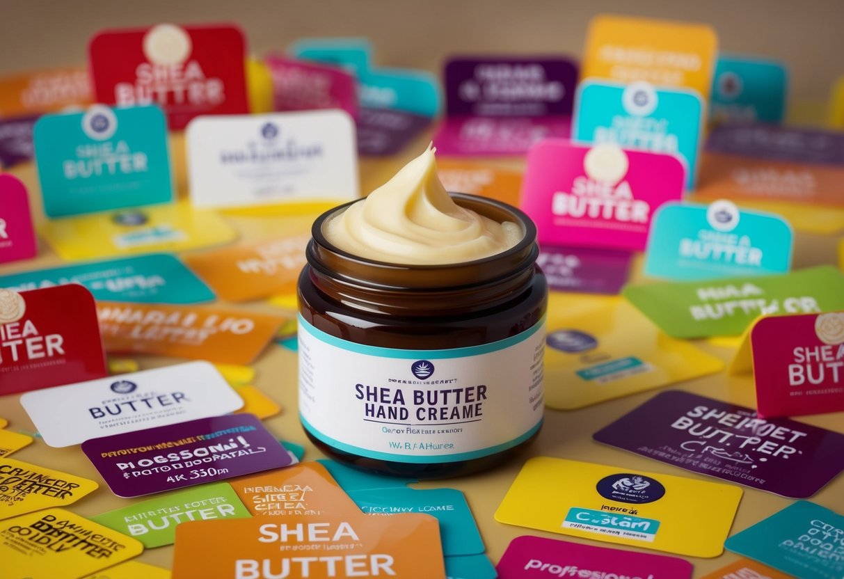 A jar of Shea Butter Hand Cream surrounded by colorful promotional signs
