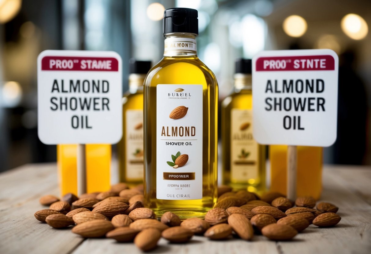 A bottle of Almond Shower Oil surrounded by promotional signs and displays