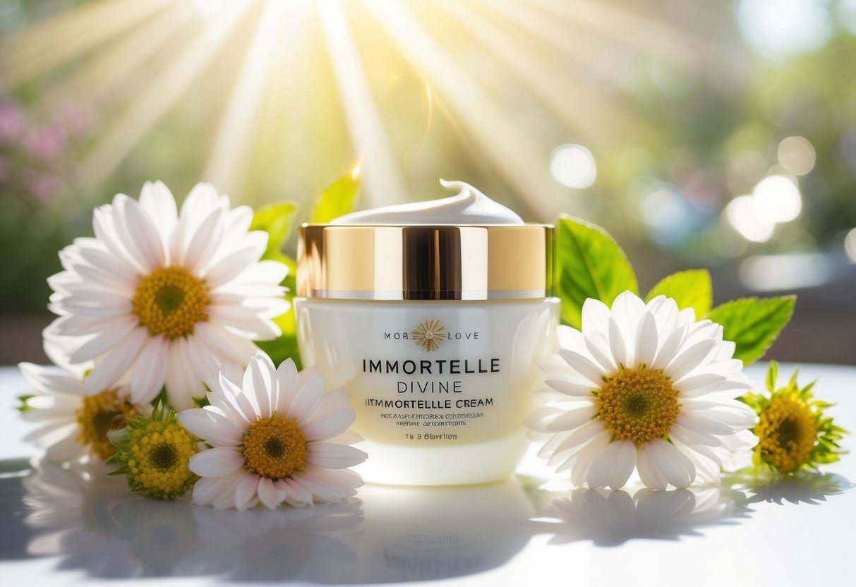 A luxurious jar of Immortelle Divine Cream surrounded by blooming flowers and soft rays of sunlight