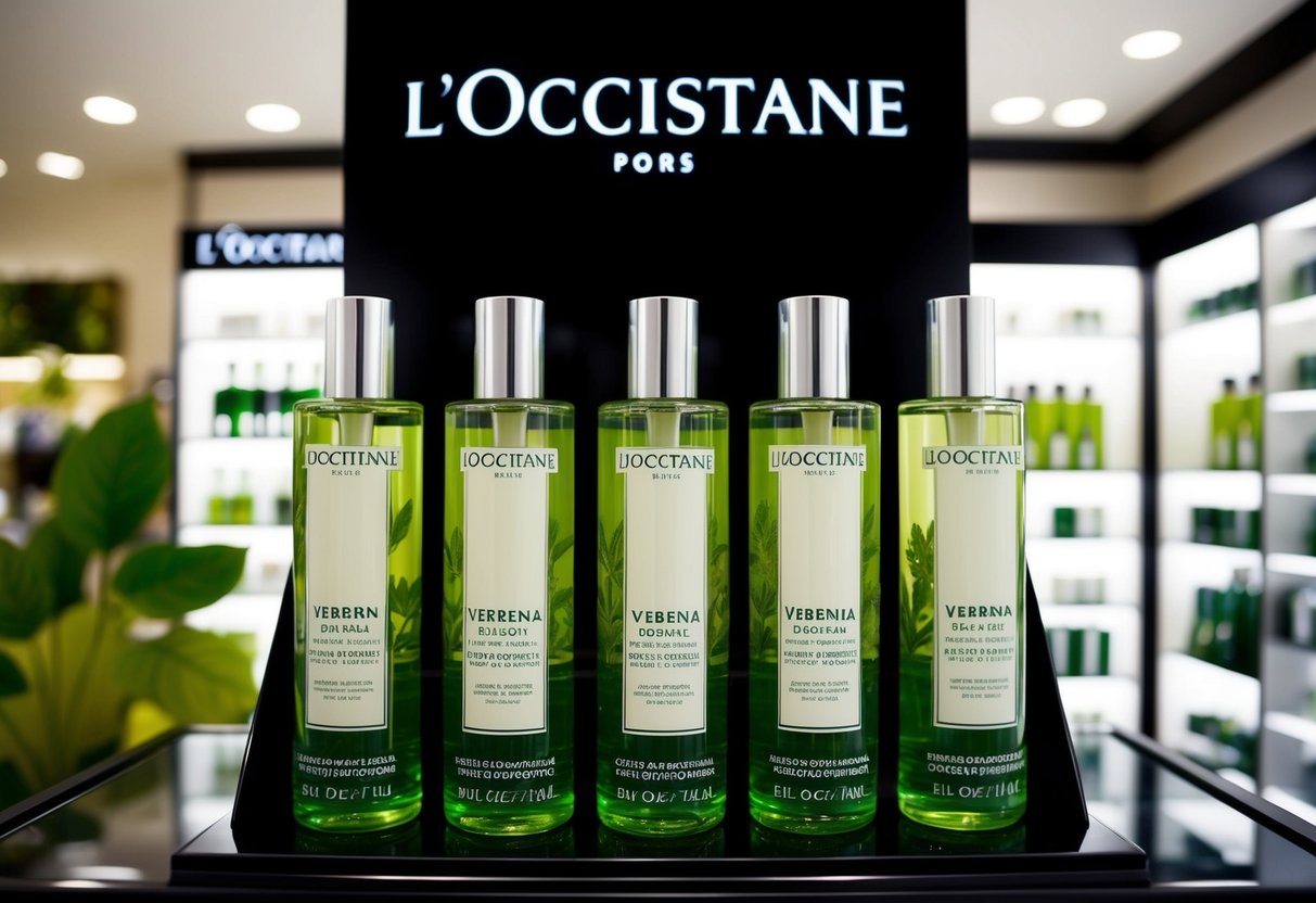 A display of Verbena Eau de Toilette bottles with promotional signage at L'Occitane store