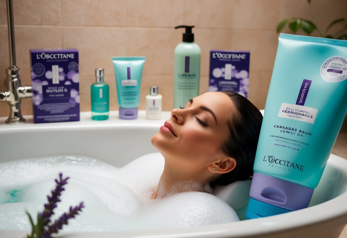 A relaxing bubble bath with lavender-scented foam, surrounded by promotional materials for L'Occitane products