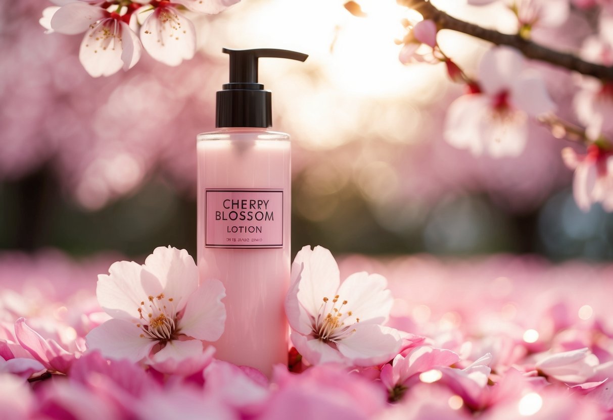 Cherry blossom lotion bottle surrounded by delicate pink petals and a soft shimmering glow