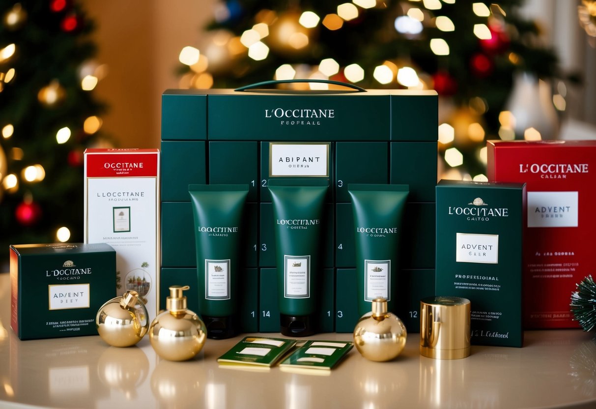 A festive display of L'OCCITANE Advent Calendar surrounded by promotional items