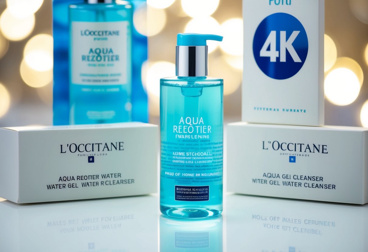 A clear, blue bottle of Aqua Reotier Water Gel Cleanser surrounded by promotional signs and symbols from L'Occitane