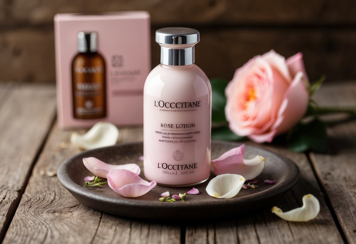 A delicate glass bottle of rose lotion sits on a rustic wooden table, surrounded by fresh rose petals and a promotional sign for L'Occitane