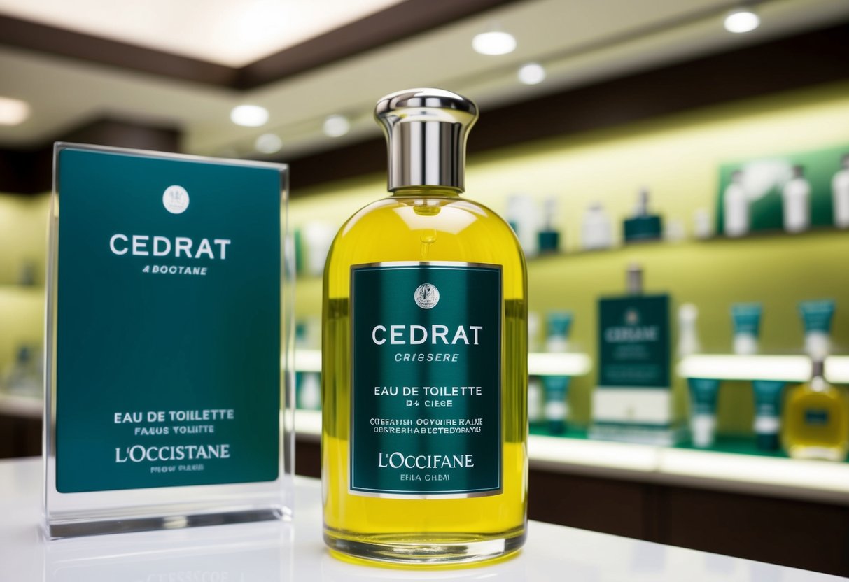 A bottle of Cedrat Eau de Toilette displayed with promotional signage at an L'Occitane store