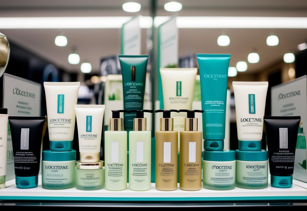 A display of L'Occitane products arranged on a shelf, surrounded by promotional signs and banners