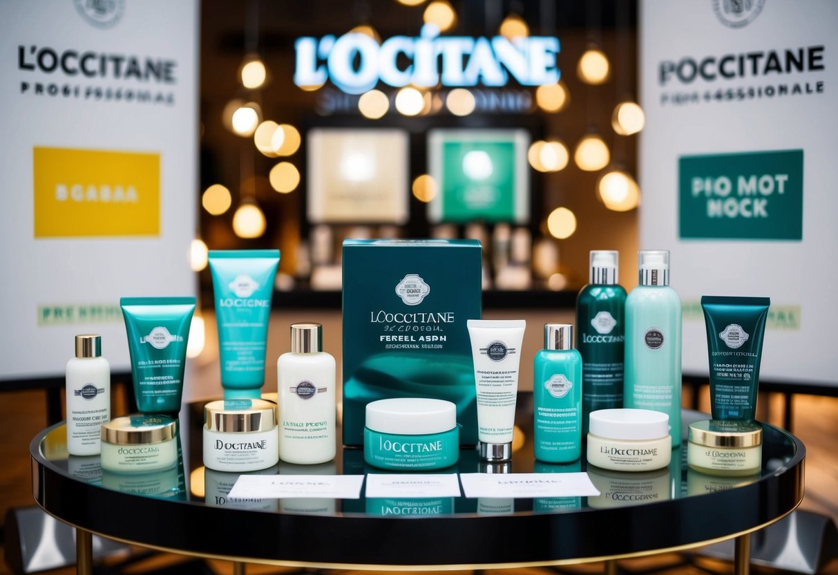 A table with various L'Occitane products displayed, surrounded by promotional signs and banners