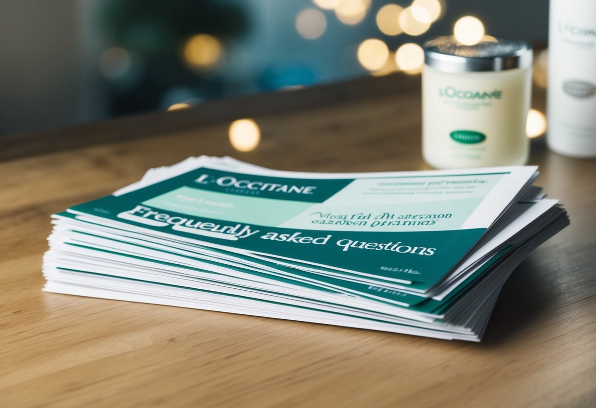 A stack of promotional flyers for L'Occitane products with a "Frequently Asked Questions" section highlighted
