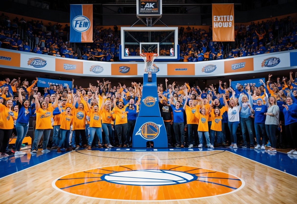 A basketball court with vibrant colors and team logos, surrounded by excited fans and promotional banners