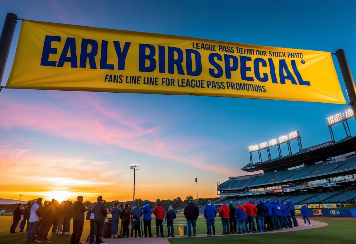 A colorful sunrise over a sports stadium with a prominent "Early Bird Special" banner. Fans line up outside for league pass promotions
