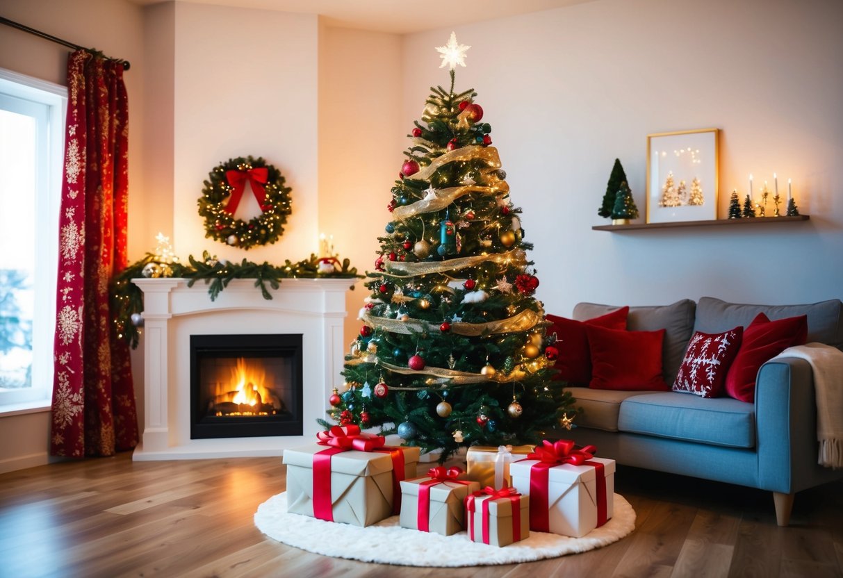 A festive living room with a decorated Christmas tree, wrapped presents, and a glowing fireplace