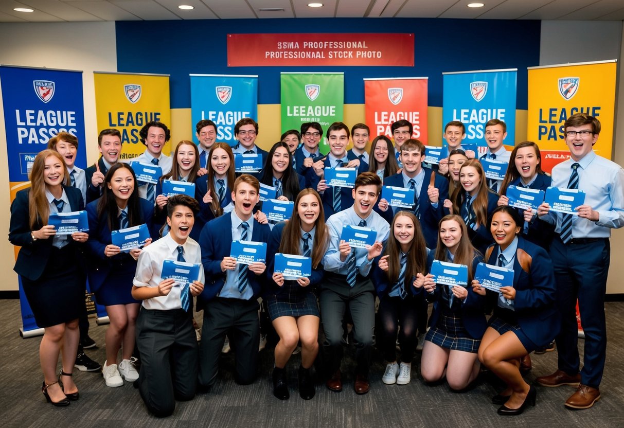 A group of excited students holding their league passes, surrounded by promotional banners and signs