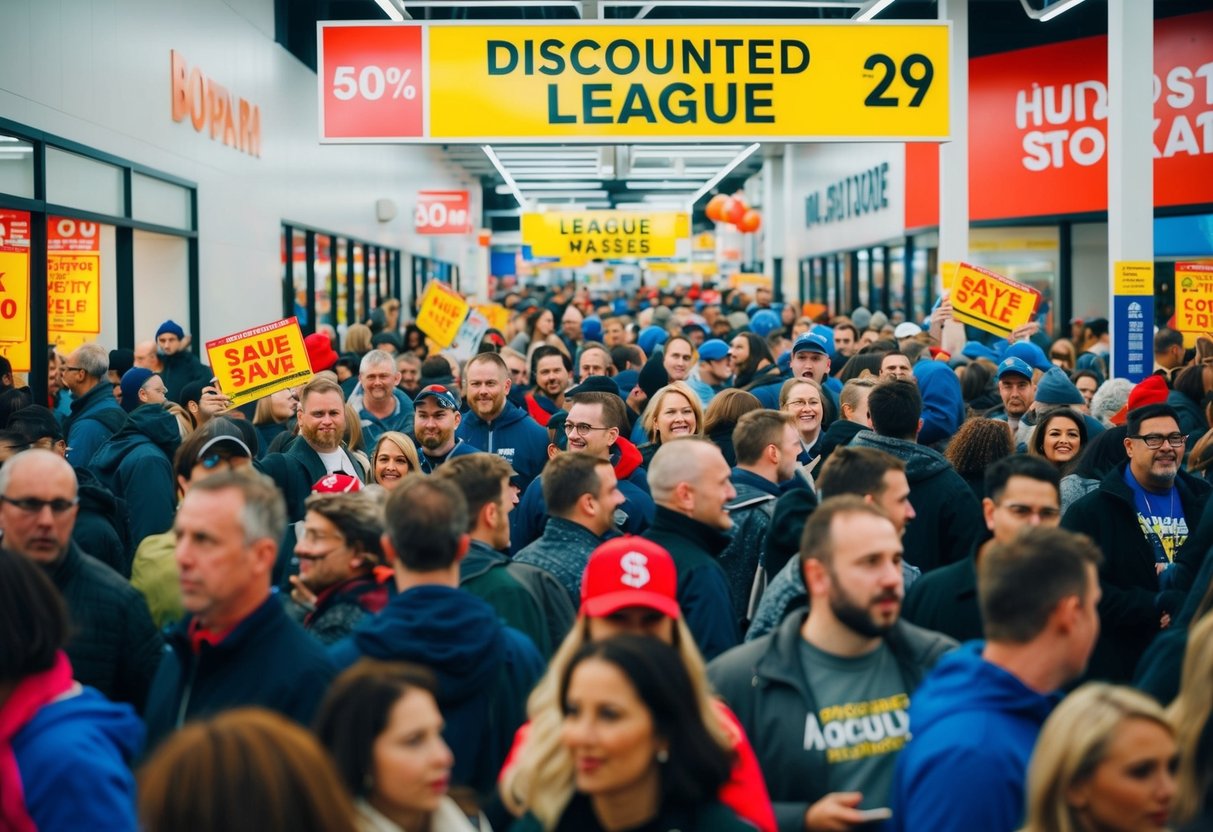 Crowds of shoppers flood into a store, grabbing discounted league passes. Bright signs and excited chatter fill the air