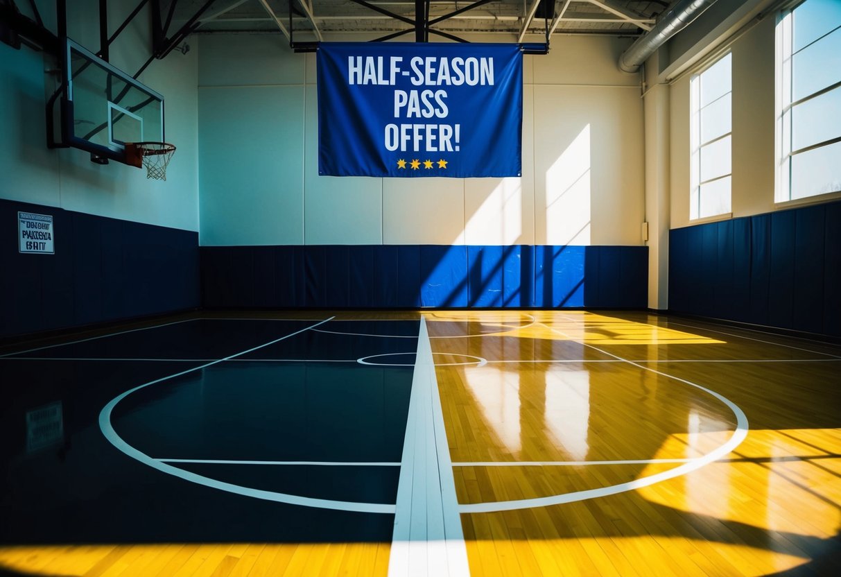 A basketball court with half of it in shadow and the other half in bright light, with a banner promoting the "Half-Season Pass Offer" hanging above the court