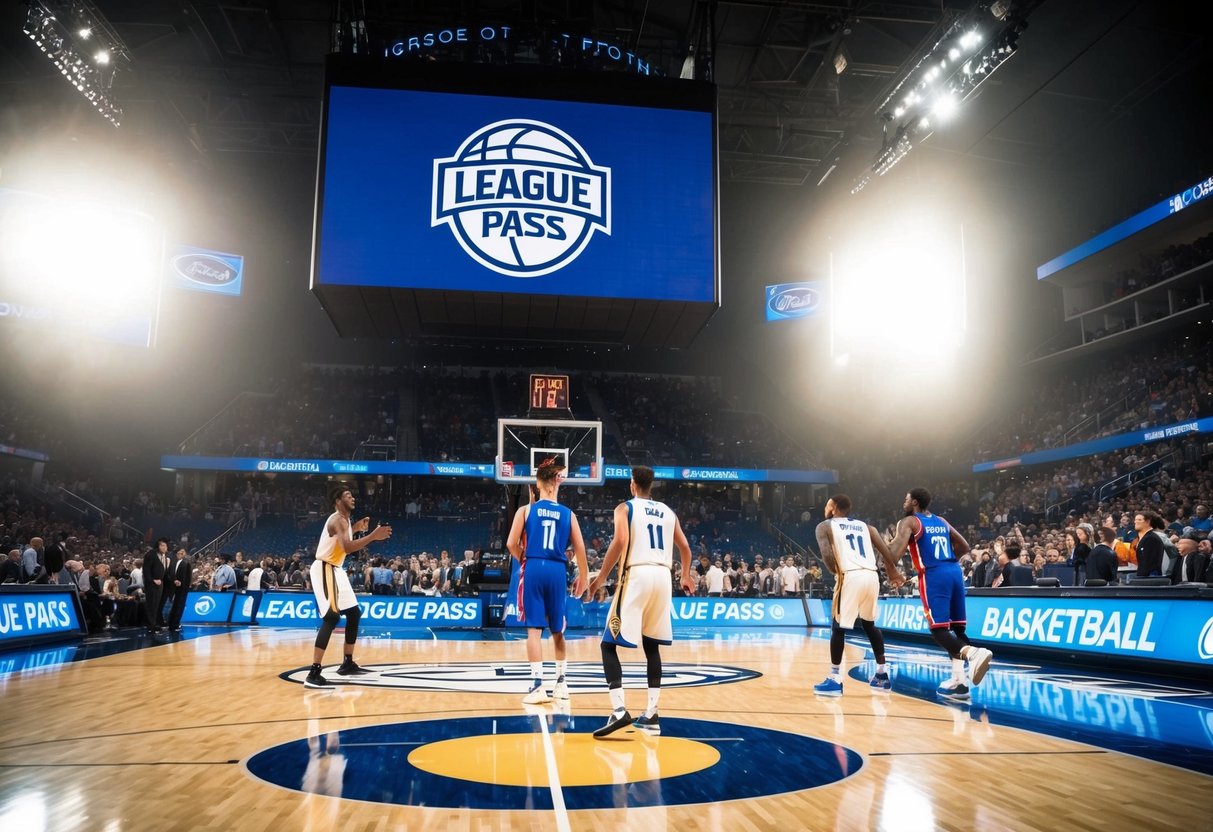 A basketball court with a giant League Pass logo displayed on the jumbotron, while fans cheer and players compete in the background