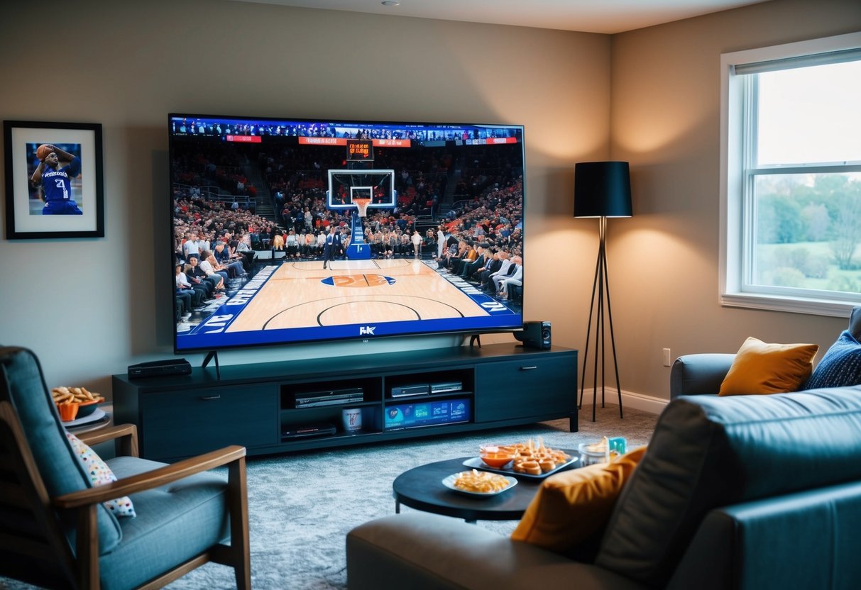 A living room with a large flat-screen TV showing a basketball game, surrounded by comfortable seating and snacks