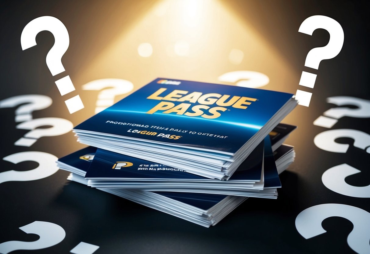 A stack of promotional materials for the league pass, surrounded by question marks and a spotlight highlighting the center