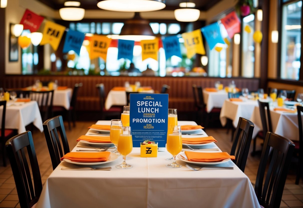 A bustling restaurant with colorful banners and tables set for a special lunch promotion