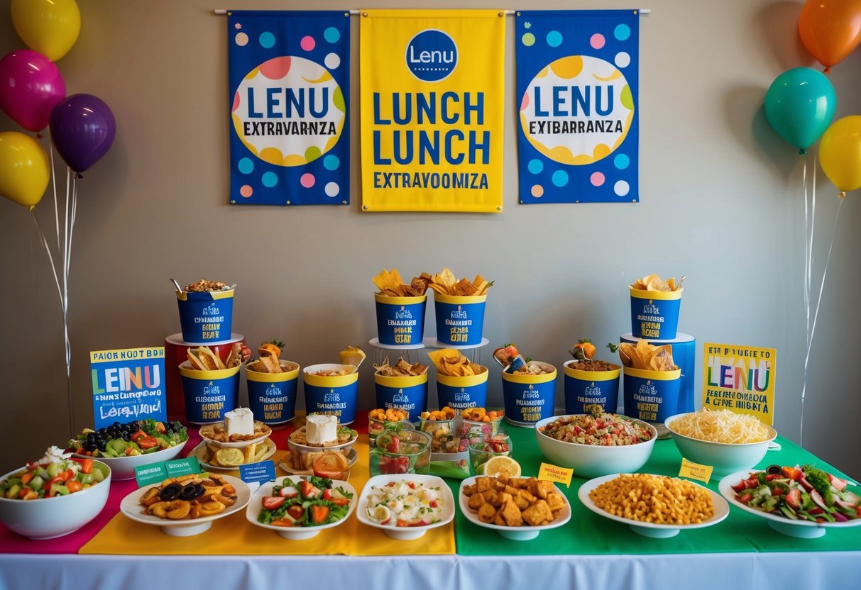 A colorful display of food and drink items arranged on a table with banners and decorations promoting the "Lenu Lunch Extravaganza" event