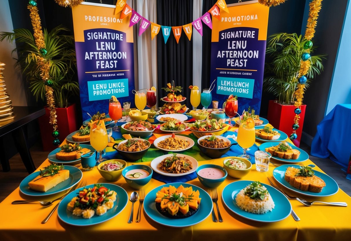 A colorful table spread with an array of delicious dishes and drinks, surrounded by festive decorations and banners promoting the "Signature Lenu Afternoon Feast" and "Lenu Lunch Promotions."