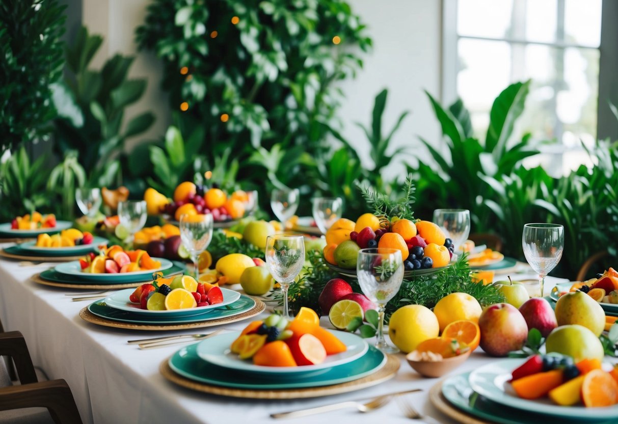 A table adorned with a variety of colorful dishes, surrounded by lush greenery and seasonal fruits