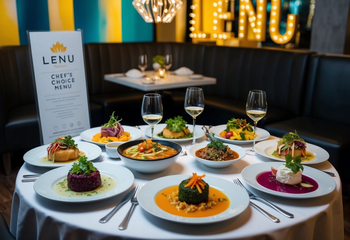 A table set with a variety of colorful and appetizing dishes from the Lenu Chef's Choice Menu, with promotional signage displayed nearby