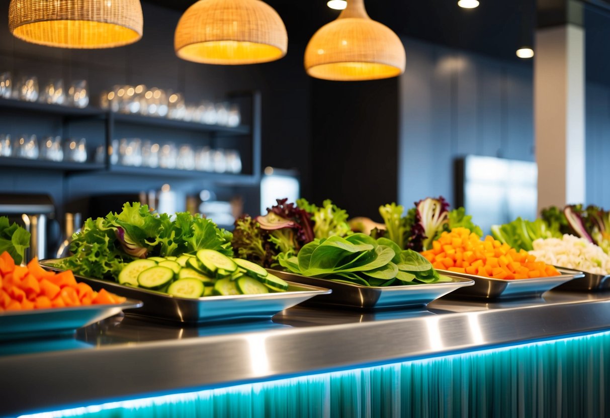 A vibrant salad bar with fresh greens, colorful vegetables, and appetizing toppings displayed on a sleek, eco-friendly counter